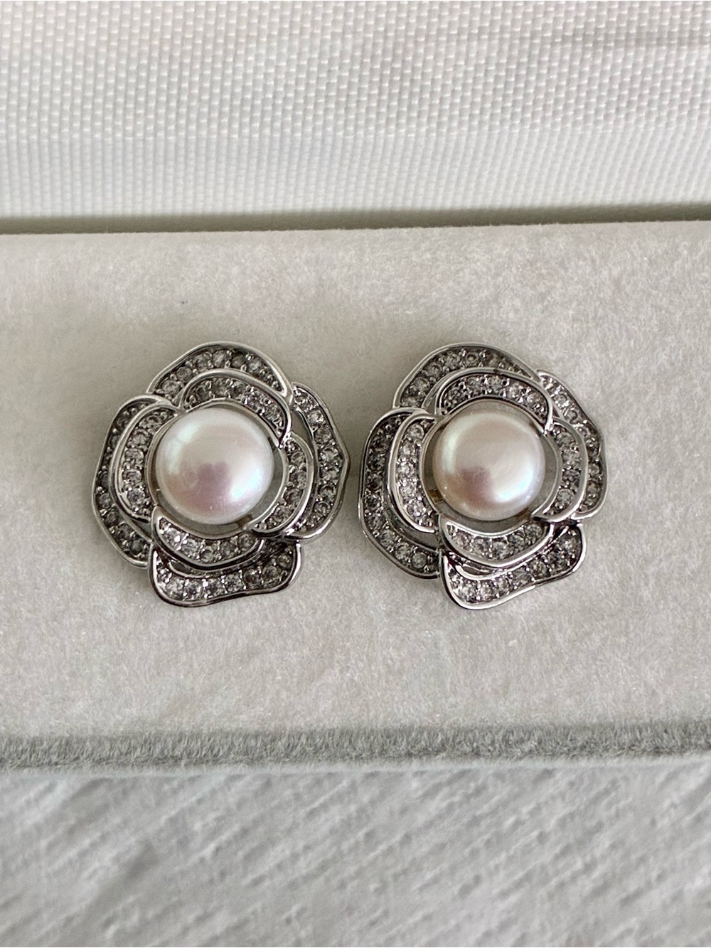 Freshwater Pearl Crystal Rose Flower Stud Earrings | Silver Posts